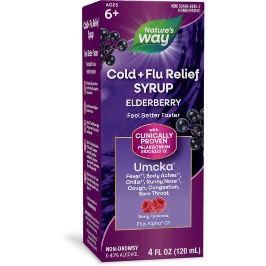 Nature's Way Cold + Flu Relief Syrup**, Umcka, Sore Throat, Cough, Congestion, Fever** , Body Aches**, Phenylephrine Free, Homeopathic, Non-Drowsy, Berry Flavored, 4 Fl Oz (Packaging May Vary)