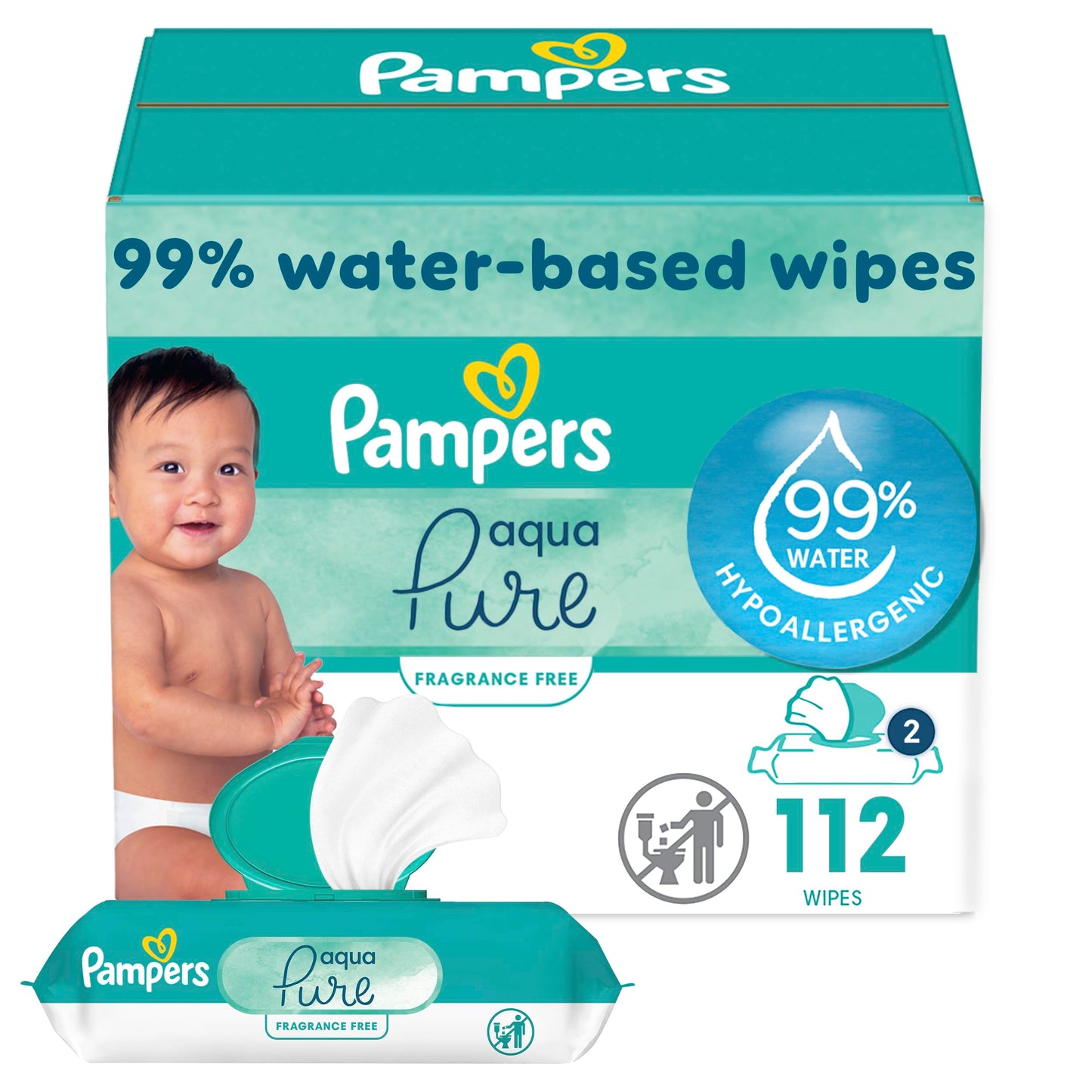 Pampers Aqua Pure Sensitive Baby Wipes, 99% Water, Hypoallergenic, Unscented Baby Wipes, 112 Baby Wipes Total (2 Flip-Top Packs)