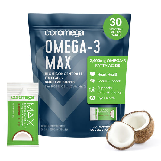 Coromega MAX 2400mg Omega-3 Fish Oil + Vitamin D (30 Squeeze Packets, Coconut Bliss) Wild-Caught, No Fishy Taste - 3X Better Absorption Than Softgels, Supports Brain & Heart Health